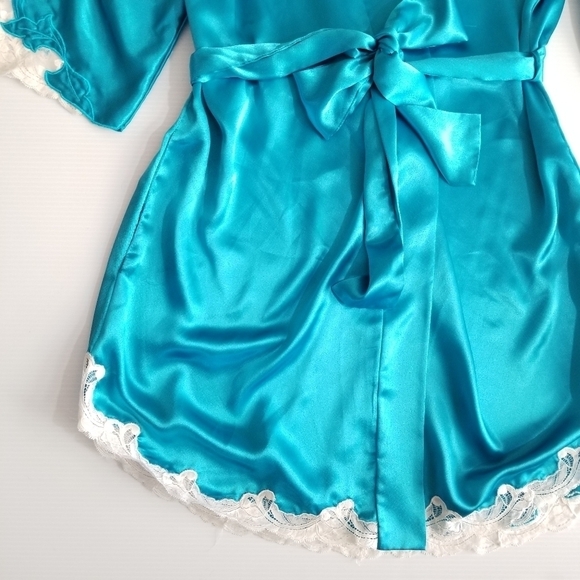 NATORI Vintage Satin Lace Trim Embroidered Sleeves Short Robe M - Picture 6 of 12